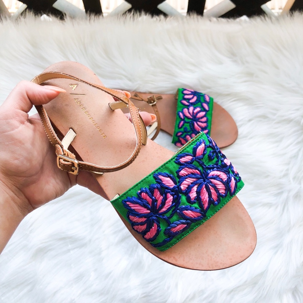 Anthropologie Embroidered Tan Sandals